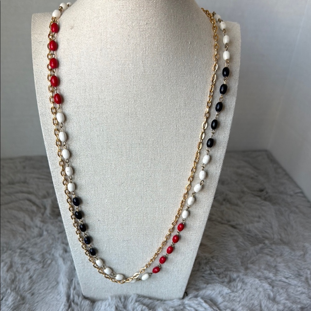 Extra Long Elegant Gold and Red Beaded Necklace